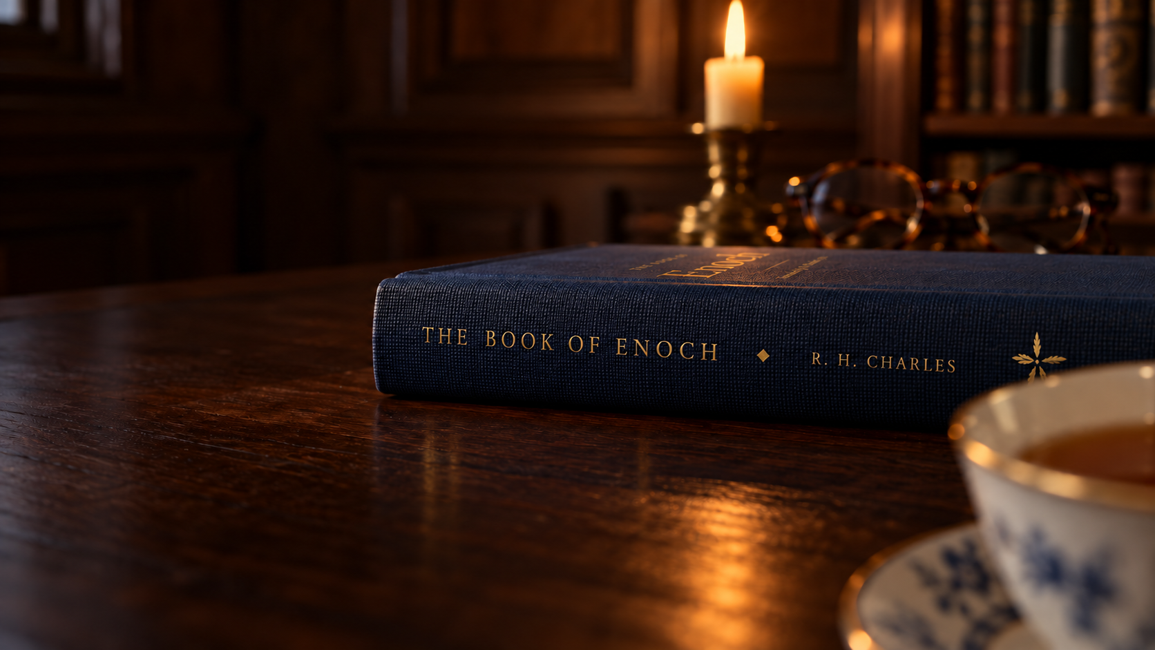 Close detail of the binding: “THE BOOK OF ENOCH · R. H. CHARLES” stamped in gilt along the navy cloth spine, with the weave of the book cloth visible.